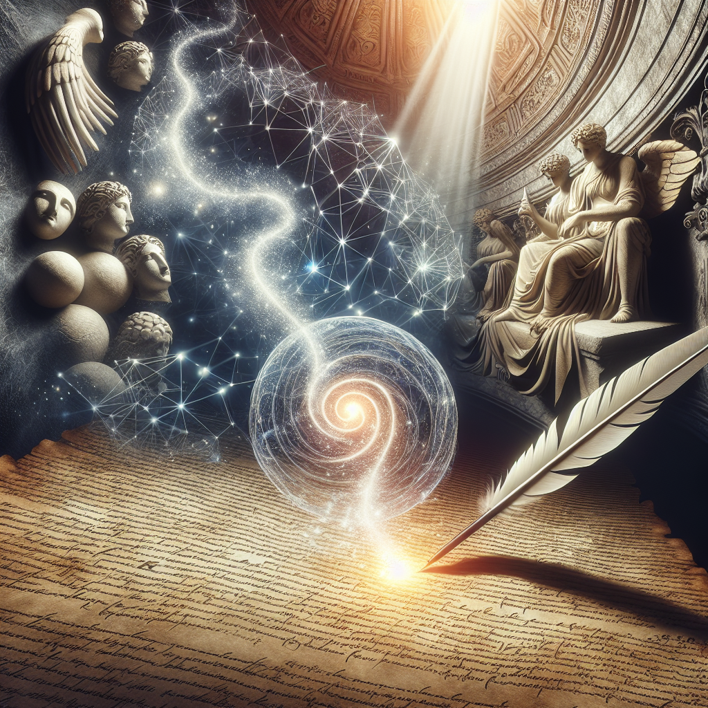 Imagem mostrando um rolo antigo desenrolando-se em ideias vibrantes e interconectadas, com estátuas clássicas ao fundo simbolizando sabedoria e contemplação.